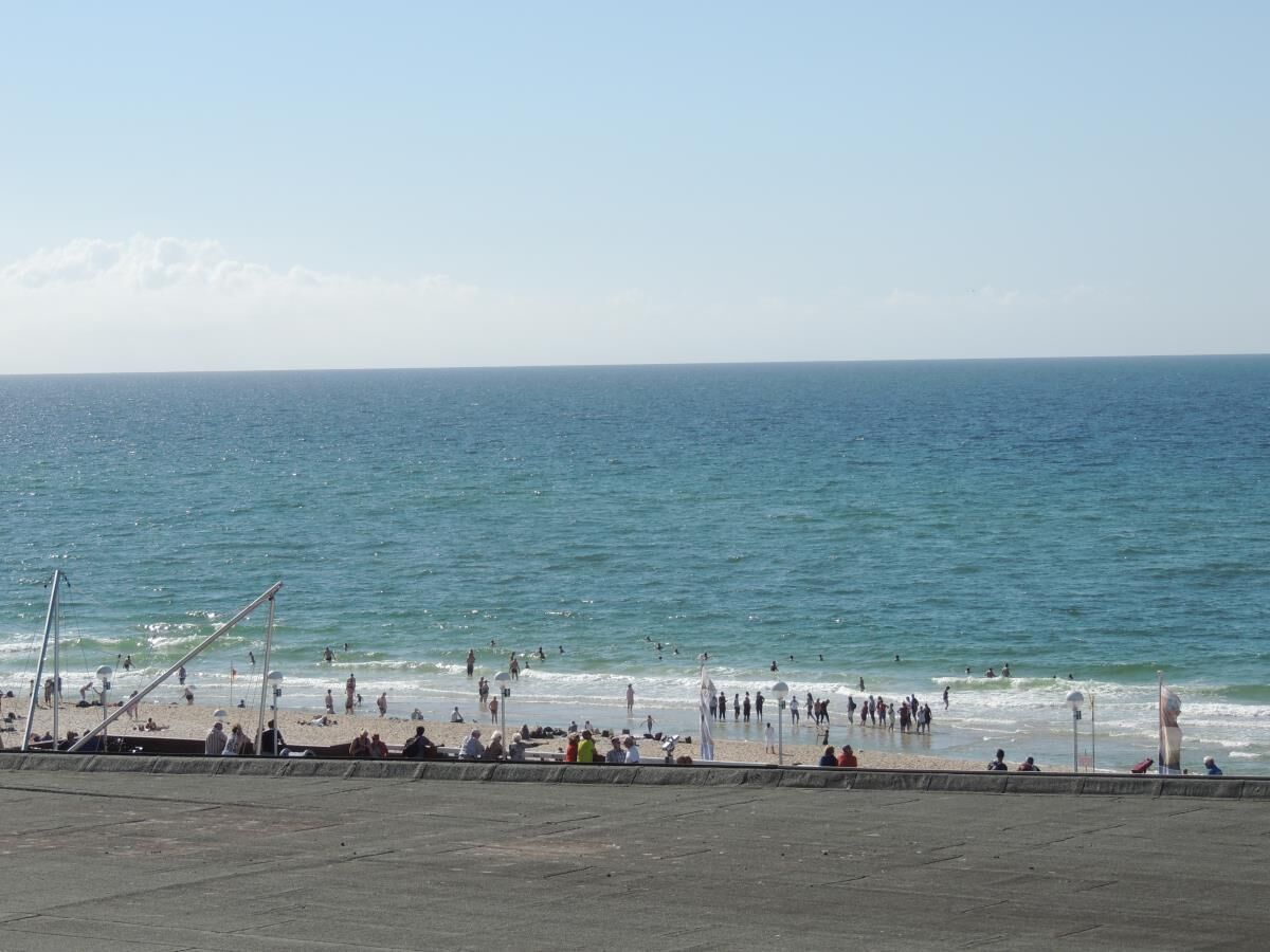 A beach with people and a clear sky.