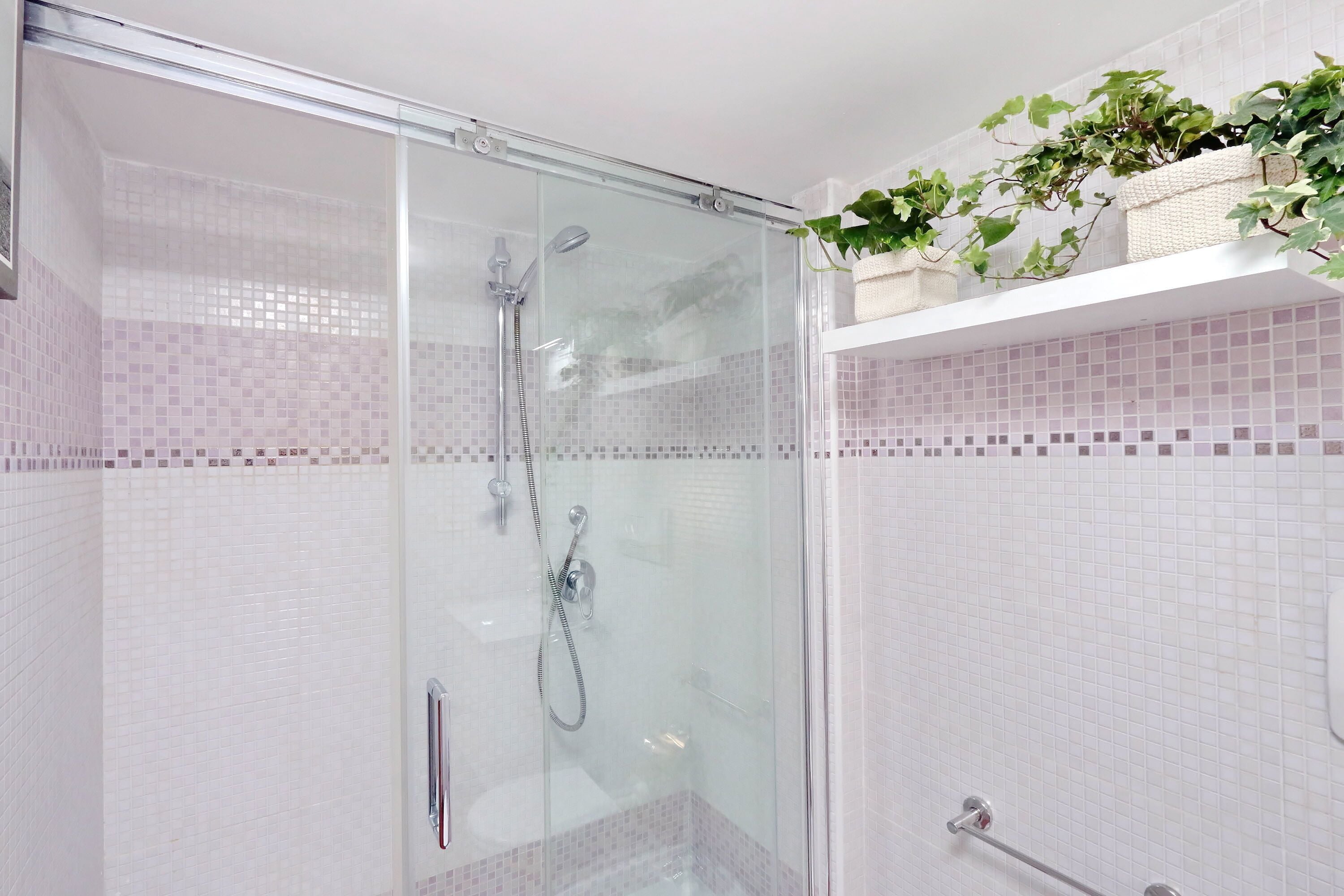 Une douche fermée par des parois en verre, dotée d’un pommeau de douche à main et d’un robinet à main.