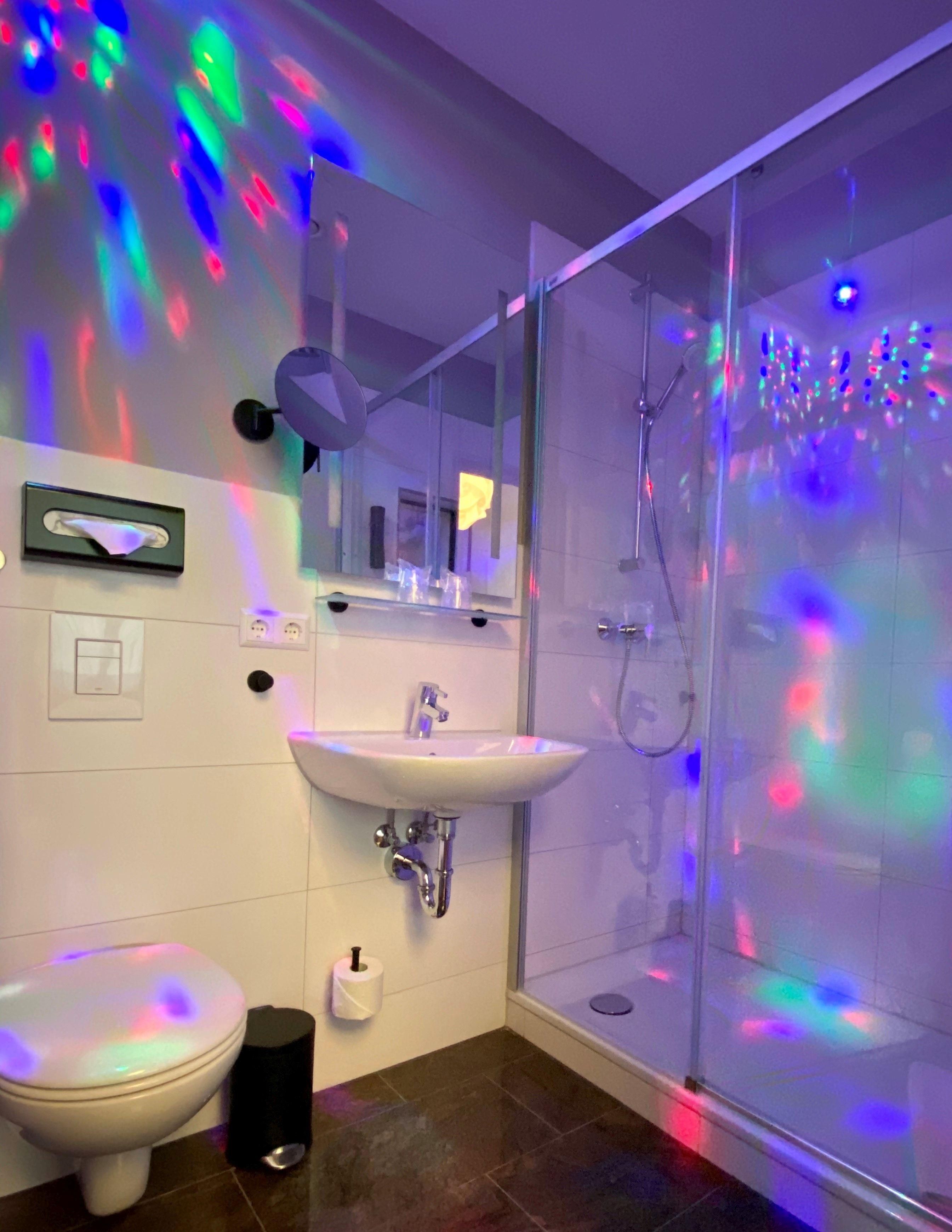 A bathroom with a glass shower enclosure, a white sink, and a toilet.