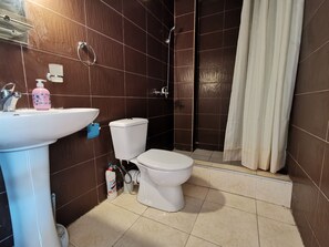 Apartamento | Banheiro | Chuveiro, toalhas de banho, sabonete, papel higiênico