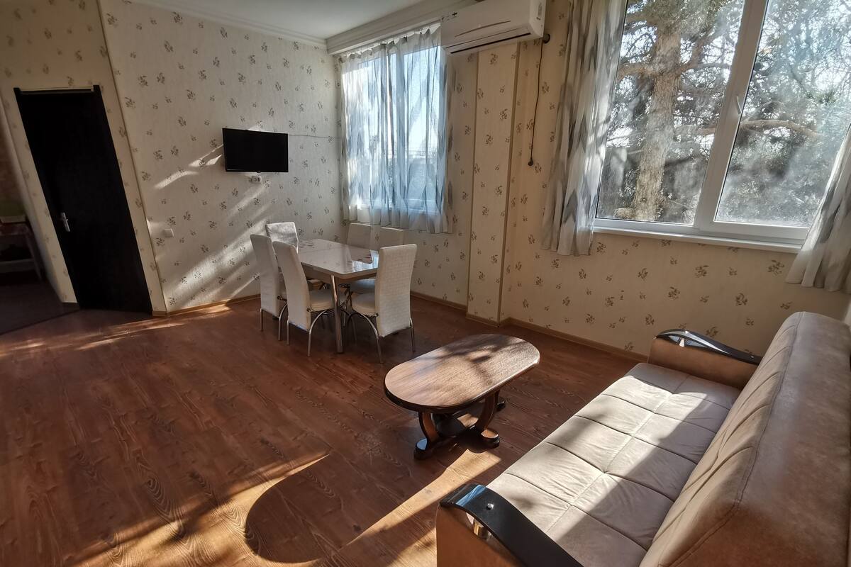 Une pièce avec un plancher en bois, un canapé, une table à manger avec des chaises et un téléviseur fixé au mur.