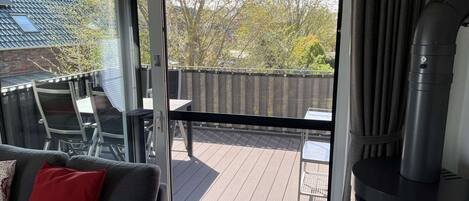 TV, fireplace, books