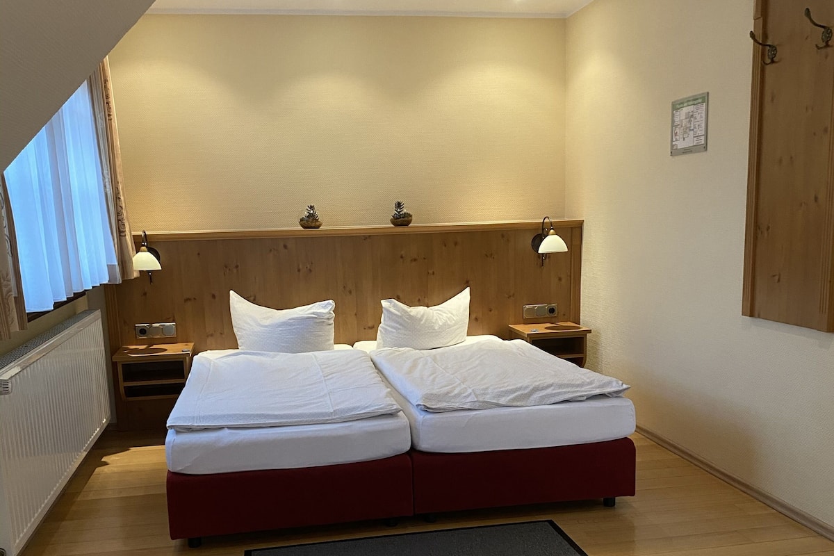 Hypo-allergenic bedding, desk, laptop workspace, blackout drapes