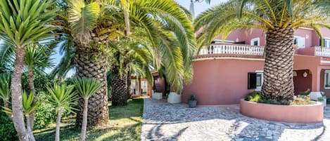 A courtyard with palm trees, a tiled walkway, and a building with a balcony.