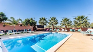 Une piscine avec des chaises longues et des palmiers.