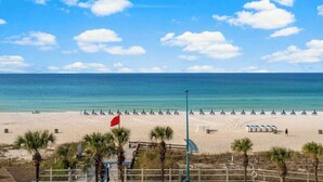 Ein Strand mit blauem Himmel, Palmen und einer Flagge.