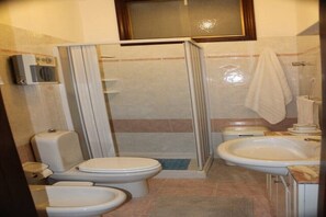 Een douche, een haardroger, een bidet, handdoeken