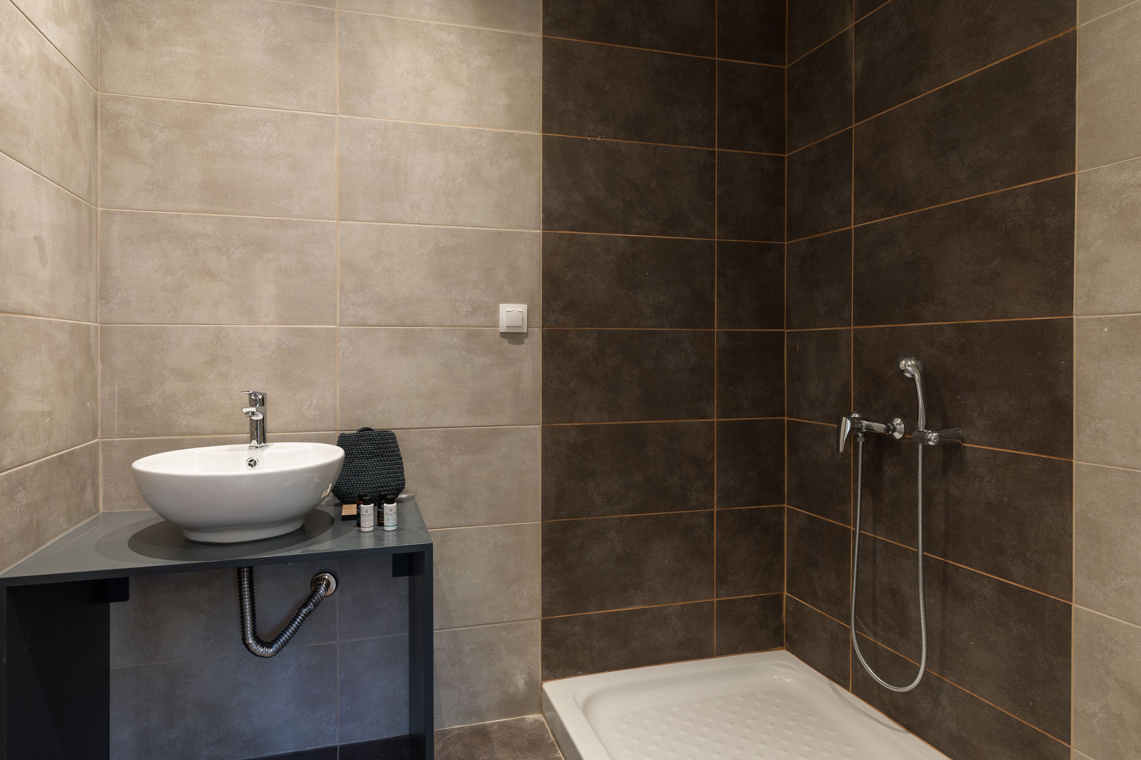 Une salle de bain avec un lavabo, une serviette et une douche.