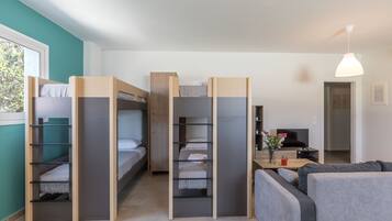 A compact room with bunk beds, a sofa, a desk, and a TV.