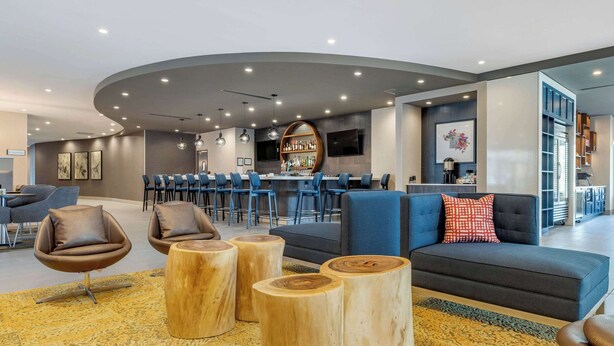 Un área de lounge moderna con techo curvo, una barra con encimera de madera redonda y un espacio de asientos con sillas azules y un sofá oscuro.