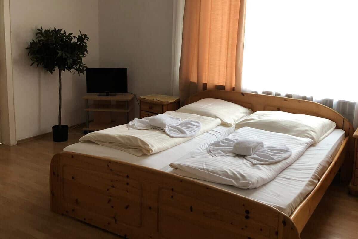 A neatly made bed with white linens and towels, a small bedside table with a lamp, a potted plant, and a television on a stand.