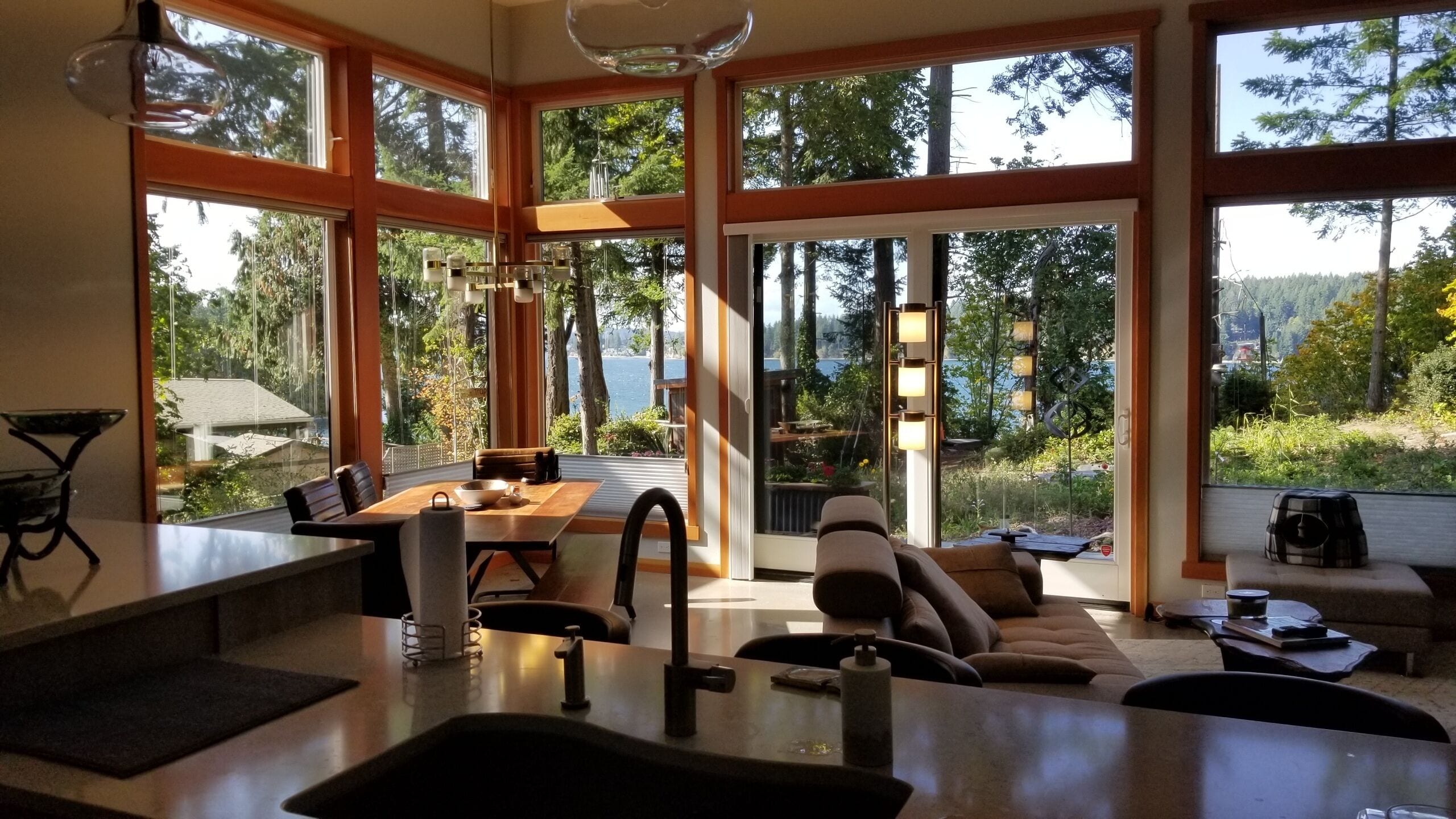 kitchen, living and dining room in a great room