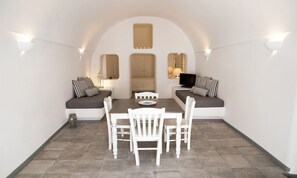 House, 2 Bedrooms, Jetted Tub | Living area | Flat-screen TV, DVD player - Il Melograno Traditional Cave House (Santorini)