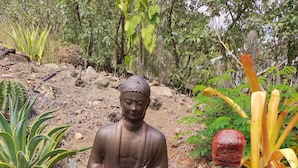 Une statue représentant une figure assise, placée dans un jardin agrémenté de diverses plantes, avec un décor rocheux en arrière-plan.