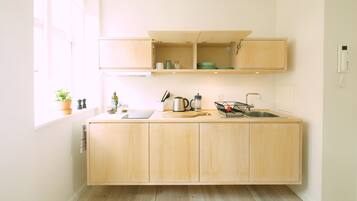 Full-size fridge, oven, stovetop, electric kettle