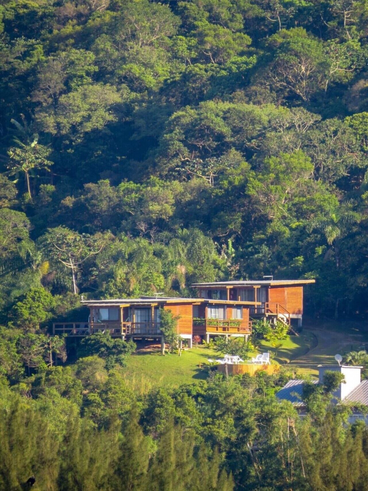 Una casa moderna de dos pisos con fachada de madera, rodeada por un bosque denso.