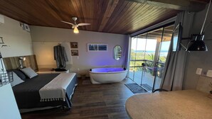 Une chambre avec un lit, une baignoire, un ventilateur de plafond et une vue à travers une porte vitrée.