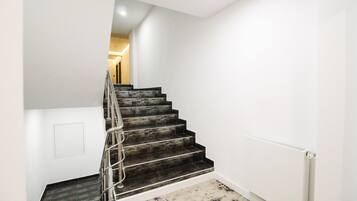 A staircase with dark steps and a metal handrail, leading to an upper floor.