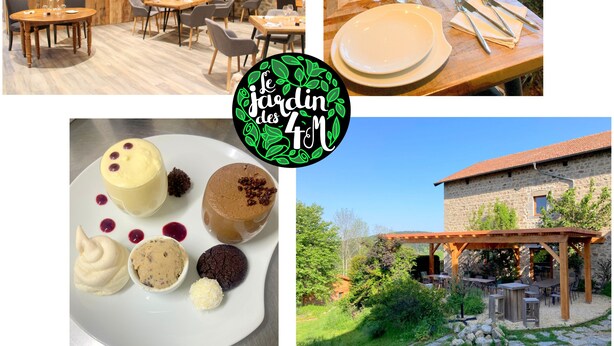 A restaurant interior with wooden tables and chairs, a stone wall, and a dining area with a view of greenery. - Le Jardin des 4M (Saint-Régis-du-Coin)