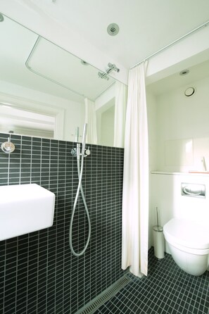 Shower, free toiletries, hair dryer, towels