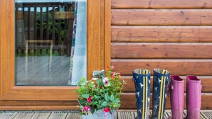 Eine Holztür mit Fensterglas, ein Blumentopf mit Blumen und drei Paar Stiefel.