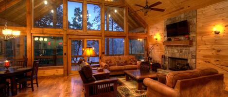 Télévision, cheminée, livres