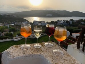 Vier Gläser mit Getränken auf einem Tisch, im Hintergrund ein See und Hügel.