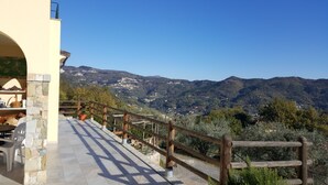 Une terrasse aux murs de pierre et à la balustrade en bois, d’où l’on peut admirer un paysage montagneux.