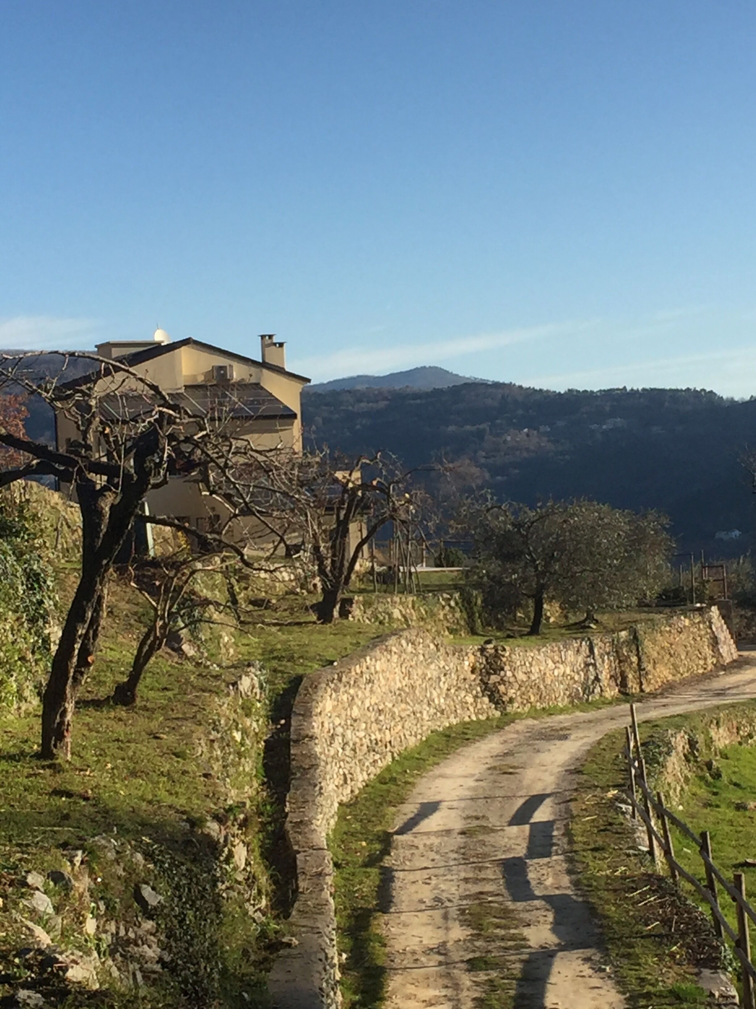 Eine ländliche Straße schlängelt sich durch eine Landschaft mit Steinmauern und spärlicher Vegetation.
