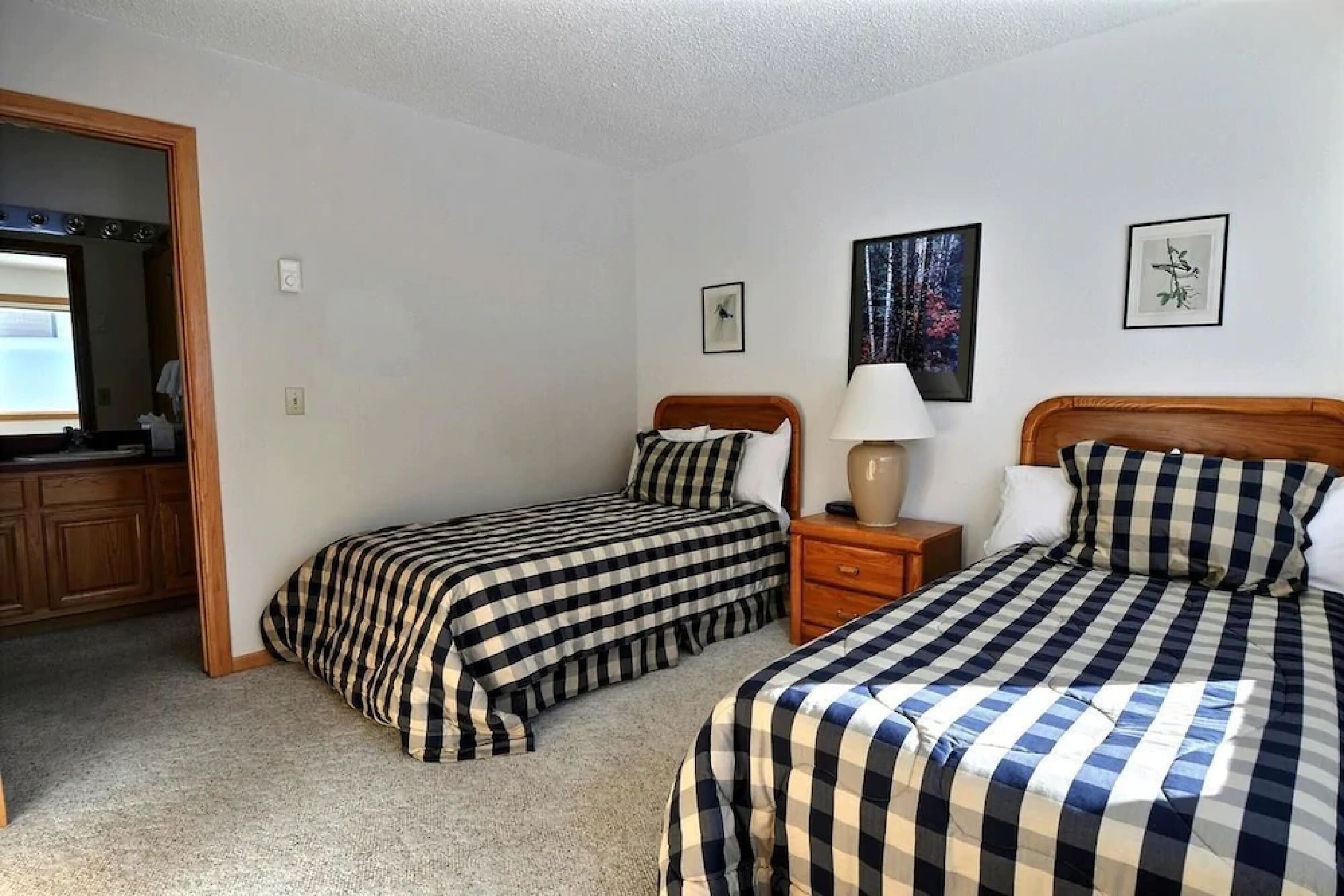 A room with two beds, each with a checkered bedspread, a nightstand with a lamp, and a framed picture on the wall.