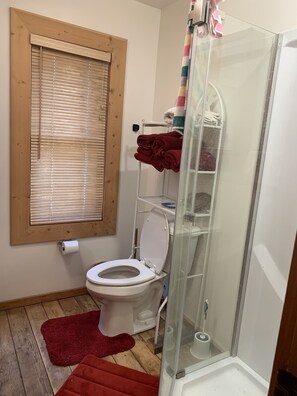 A bathroom with a toilet, a shower enclosure, a towel rack, and a wooden-framed window. - Historic Family Style Homestead Cabin (Condon)