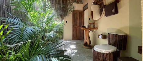 Shower, rainfall showerhead, towels, soap