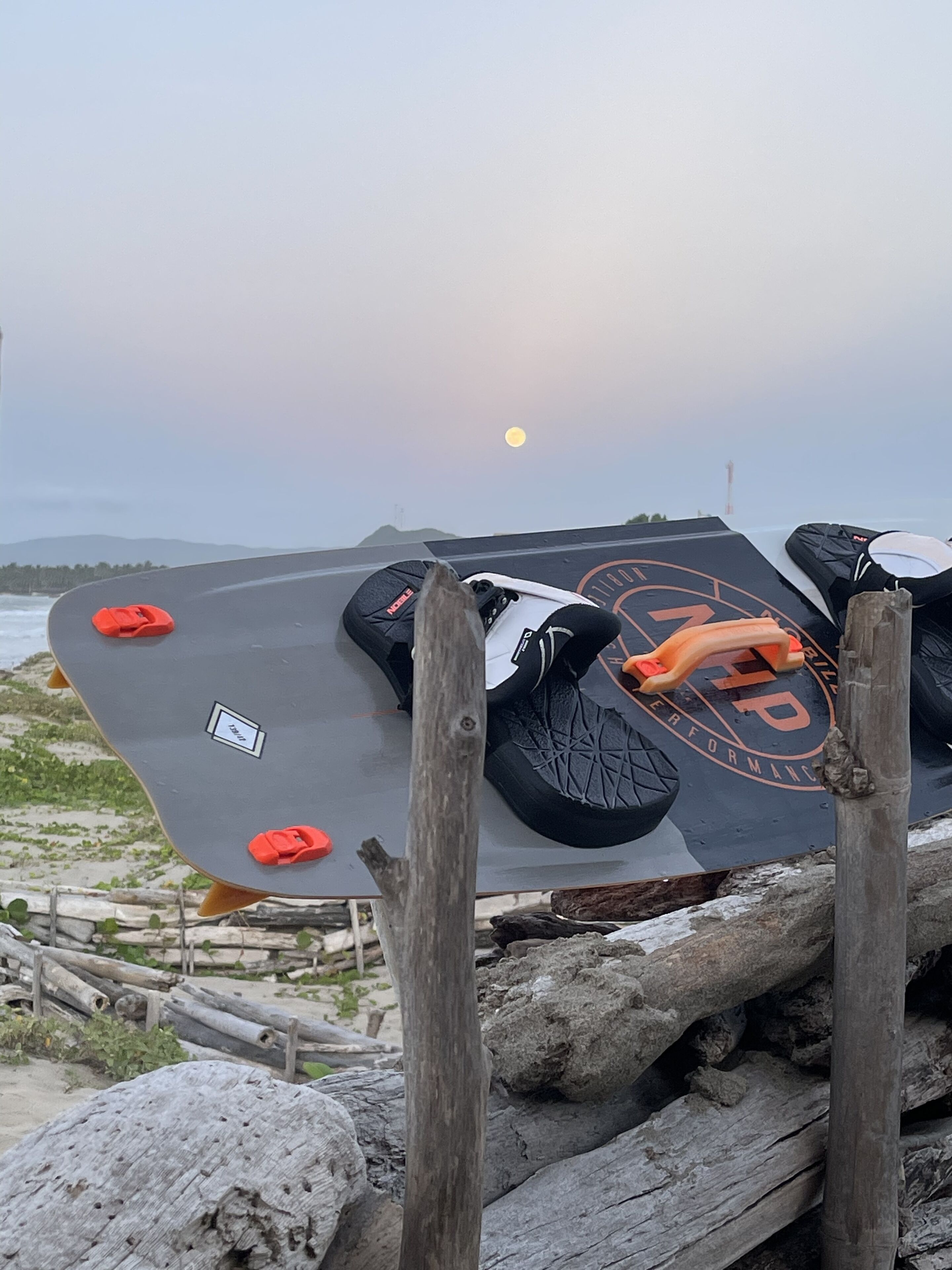 A skateboard with a logo and text, placed on a wooden surface with logs and a natural landscape in the background.
