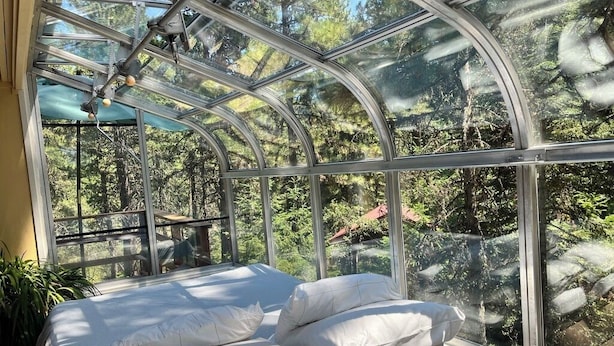 Una habitación con cama, ventana y vistas a árboles.