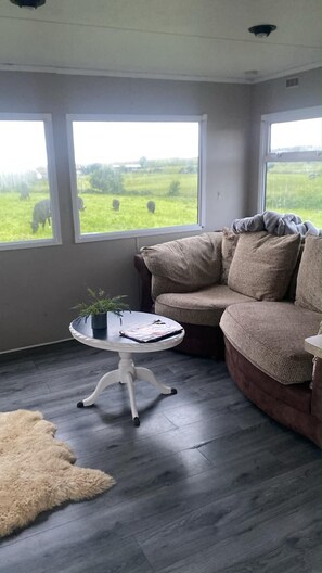 A room with a brown sofa, a small round table with a plant, and a view of a green field through large windows. - Farm Stay Property Pets and Families Welcome (Ballyshannon)