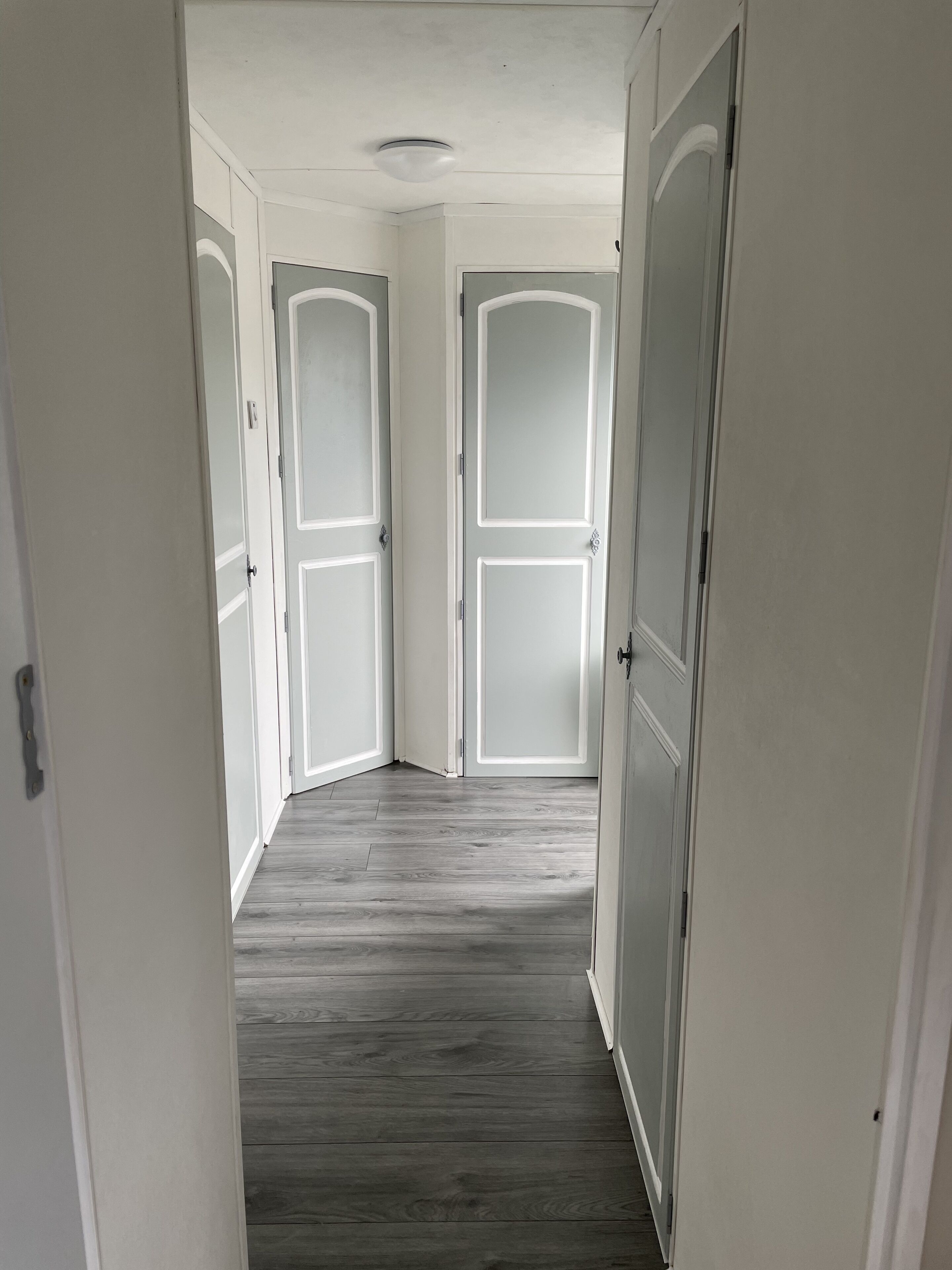 A hallway with two doors, a ceiling light, and wooden flooring.