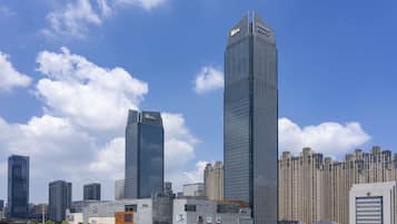 Urban skyscrapers dominate the cityscape with sleek glass facades and modern architecture.