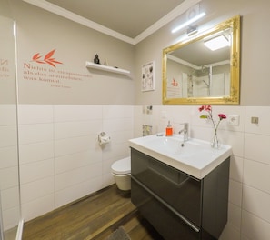 Shower, towels, soap, toilet paper