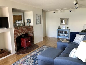 TV, fireplace, DVD player, books