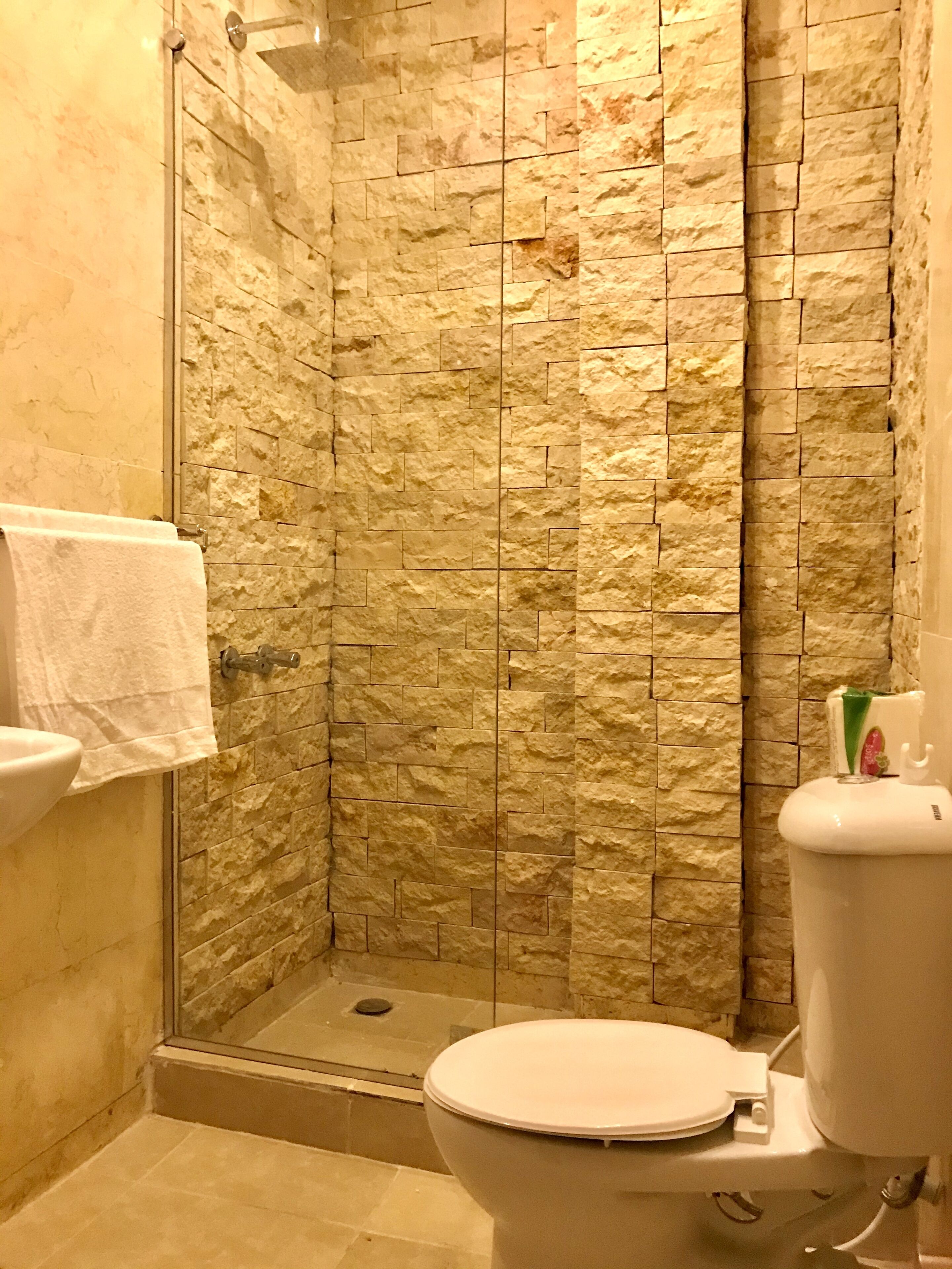 shower, rainfall showerhead, bathrobes, slippers