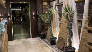 A hallway with a stone wall, potted plants, and a wooden door. - Sahara Pyramids Inn (Giza)