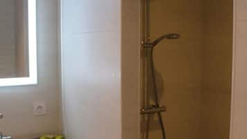 Combined shower/bathtub, hair dryer, towels, toilet paper