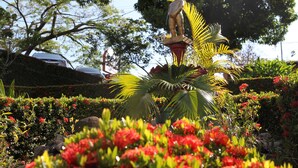 A statue on a pedestal surrounded by lush greenery and red flowers. - Divisamar Manuel Antonio, A natural paradise for you. (Quepos)