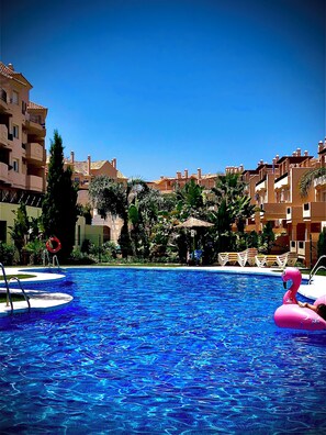 Outdoor pool, a heated pool, pool loungers