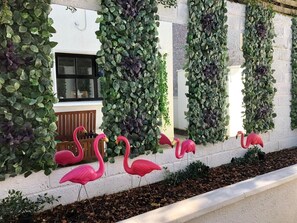A building facade with vertical gardens and pink flamingo statues. - Town Centre Home Away from Home..... (Westport)