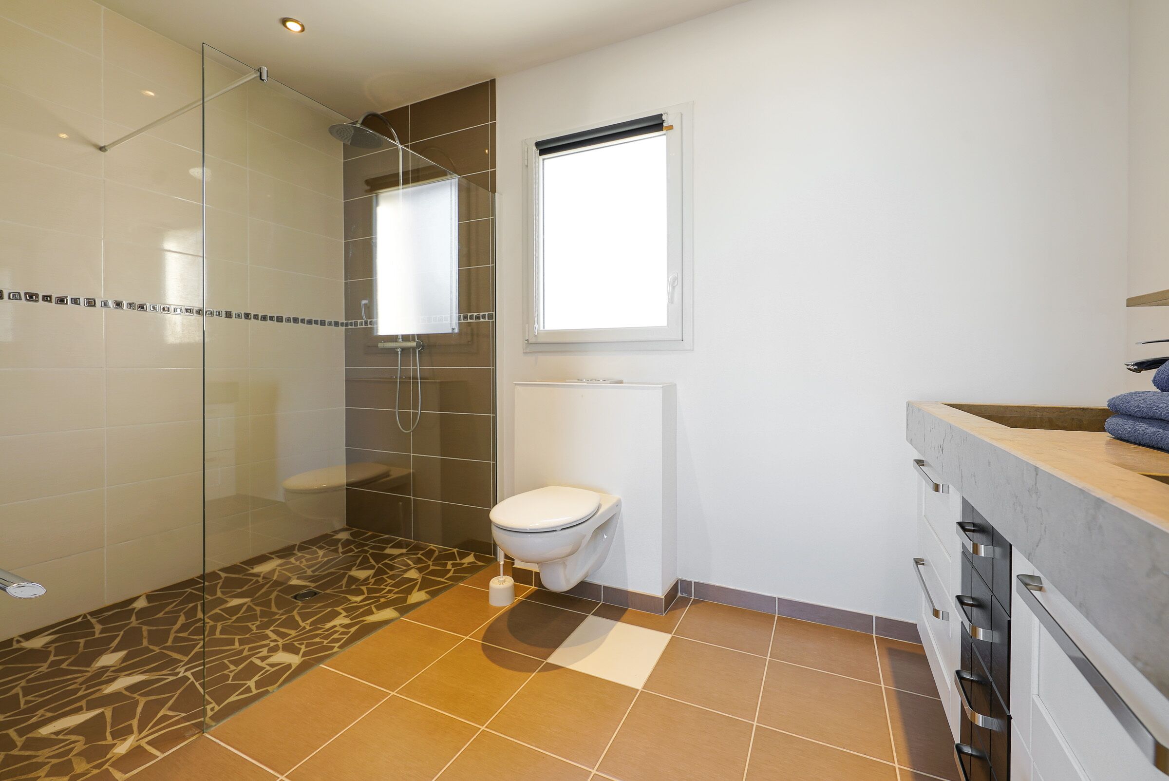 A bathroom with a glass shower enclosure, a toilet, and a sink with a marble countertop.