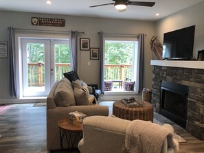 Smart TV, fireplace, video games, DVD player