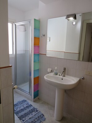 Shower, hair dryer, bidet, towels