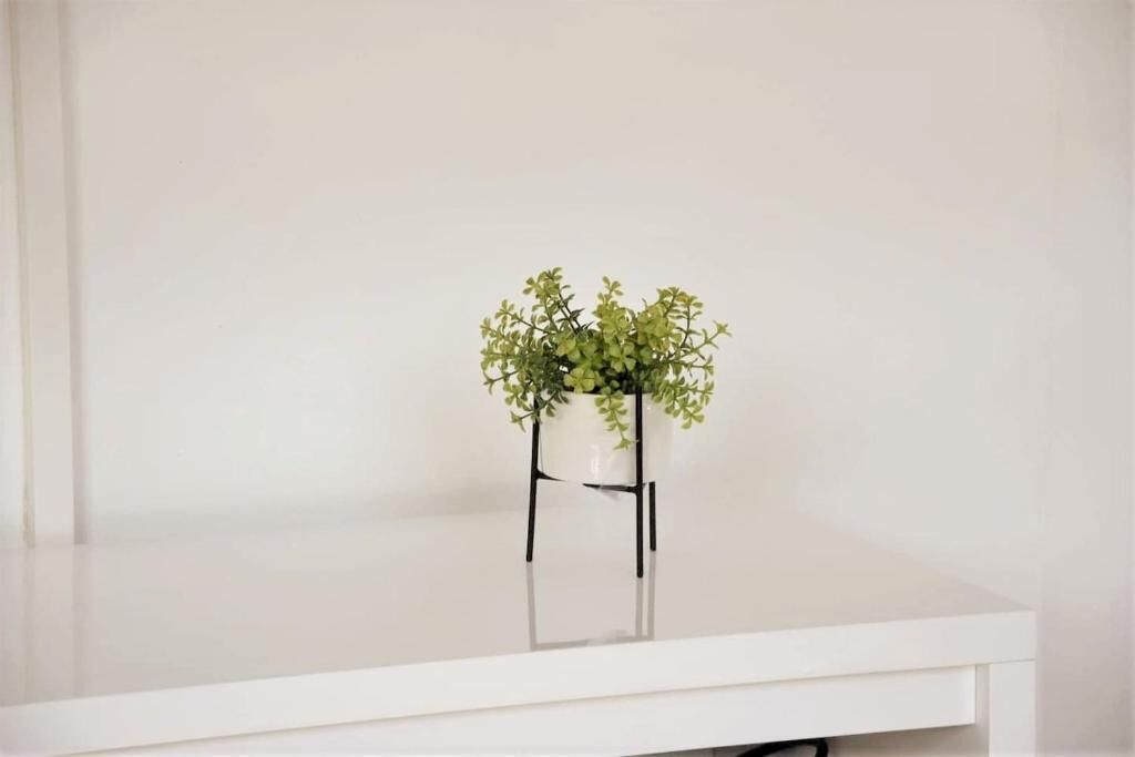Uma prateleira branca com um pequeno vaso de planta em cima de um suporte preto.