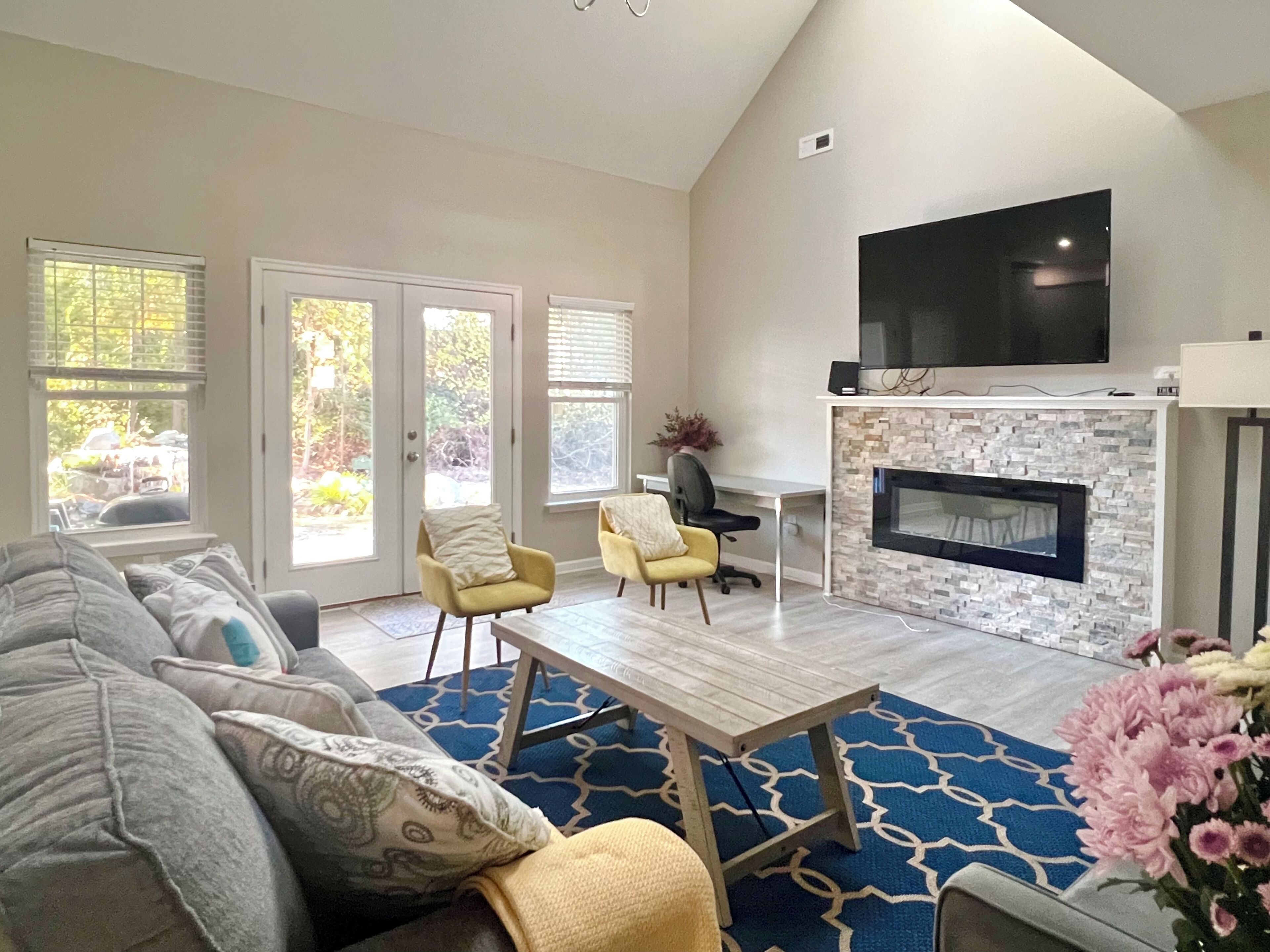 Smart TV, fireplace, toys, books